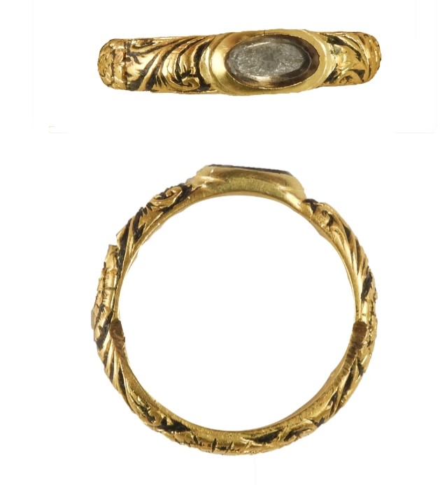 Find, A complete gold mourning ring with glass setting and black niello decoration, inscribed and dated 1715