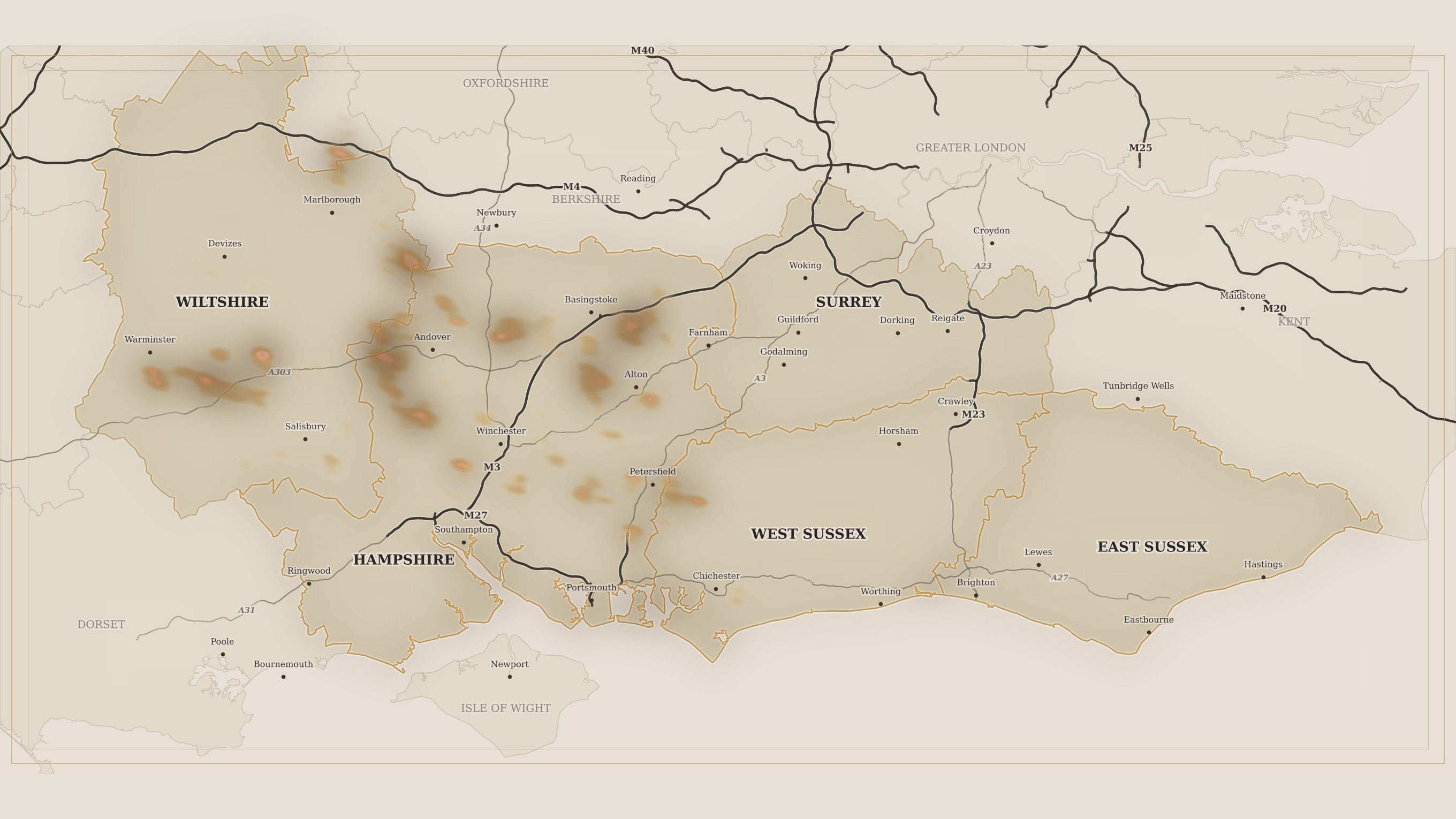 Illustrated map of Southern England showing concentration of Midweek Searchers dig sites across Hampshire, Wiltshire, Surrey and Sussex.