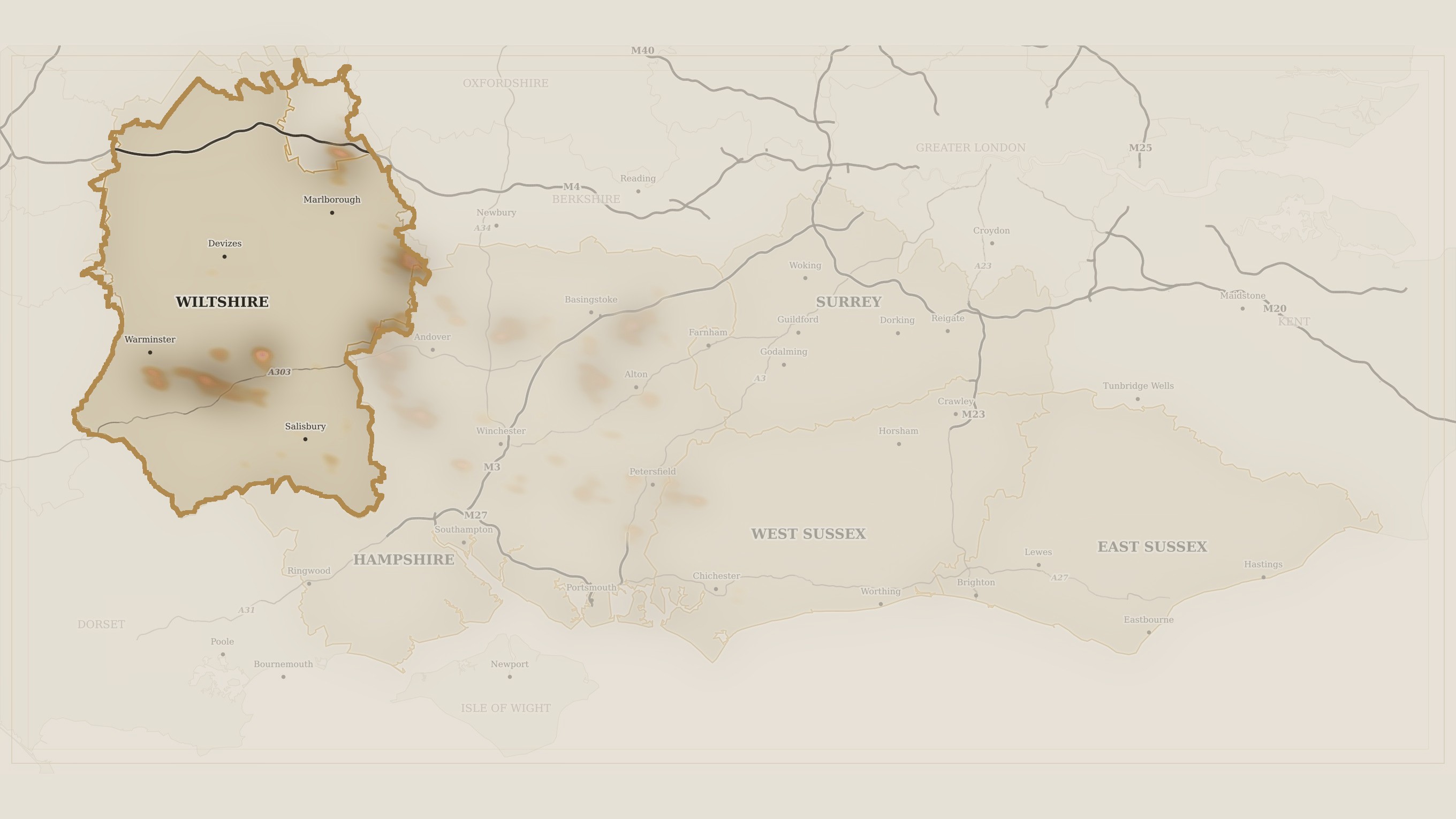 Heat map of Midweek Searchers dig locations across southern England with Wiltshire highlighted.